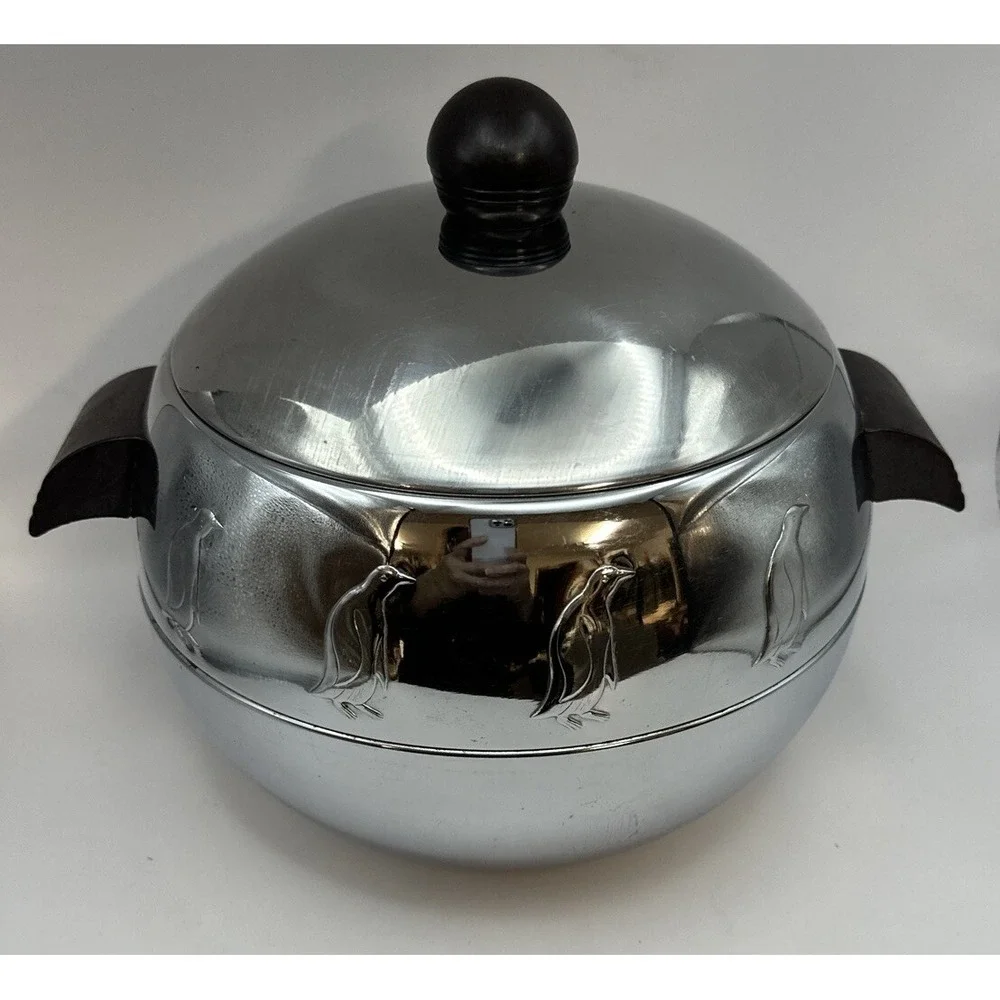 Westbend Ice Bucket Penguin Bakelite Handles Round Hot & Cold Aluminum Vintage